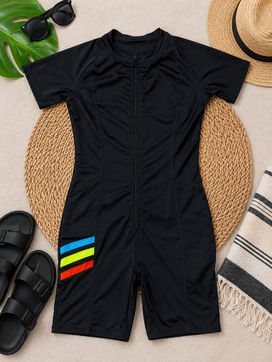 TomboyX Other - TomboyX Black Zip Front One Piece Swimsuit Rainbow Stripe XL